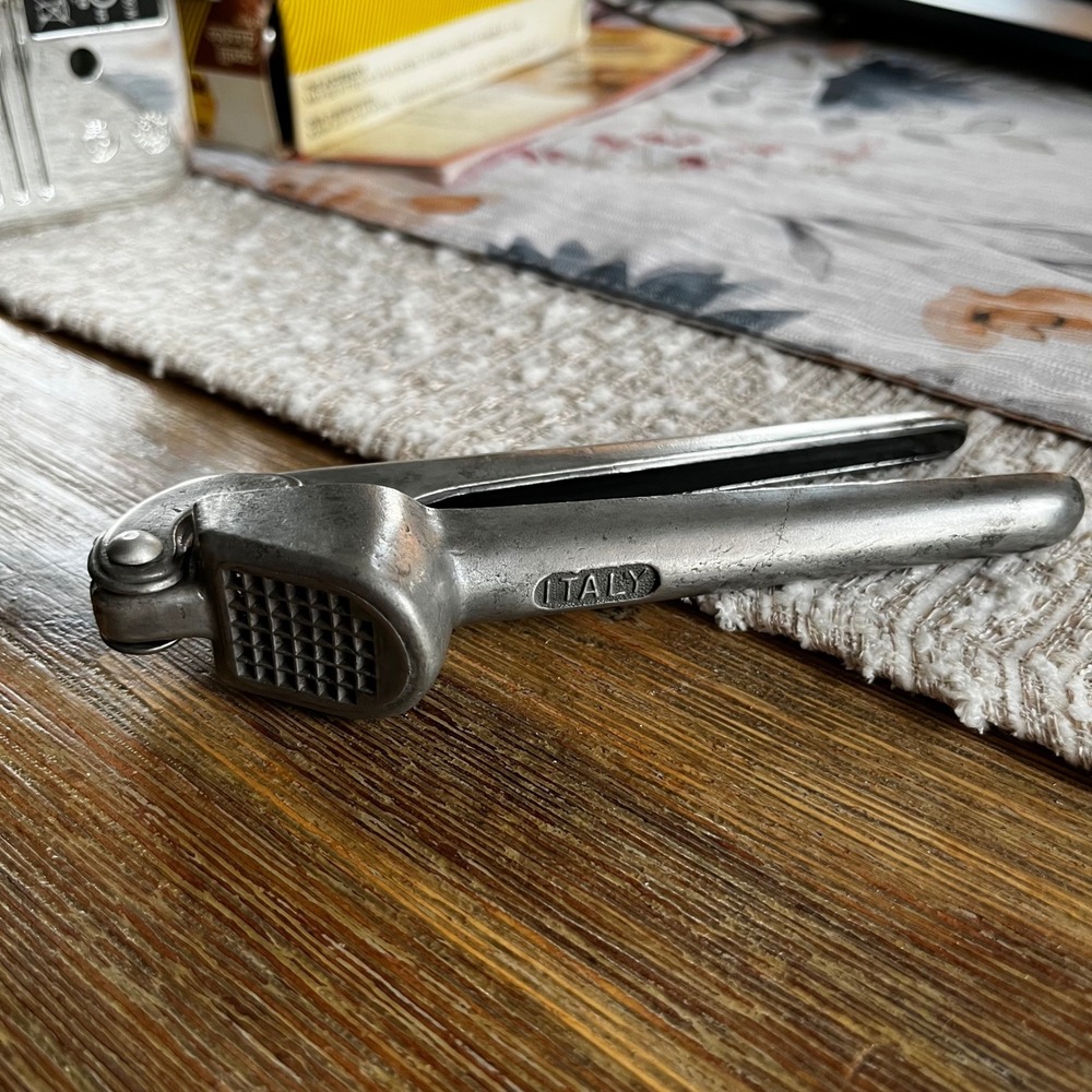 Vintage Garlic Press Made in Italy Cast Aluminum Kitchen Tool Silver Tone